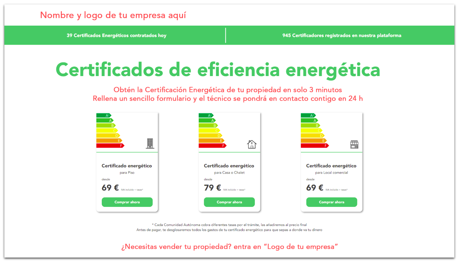 Ejemplo de landing o página web de aterrizaje, donde tus clientes podrán contratar un Certificado Energético